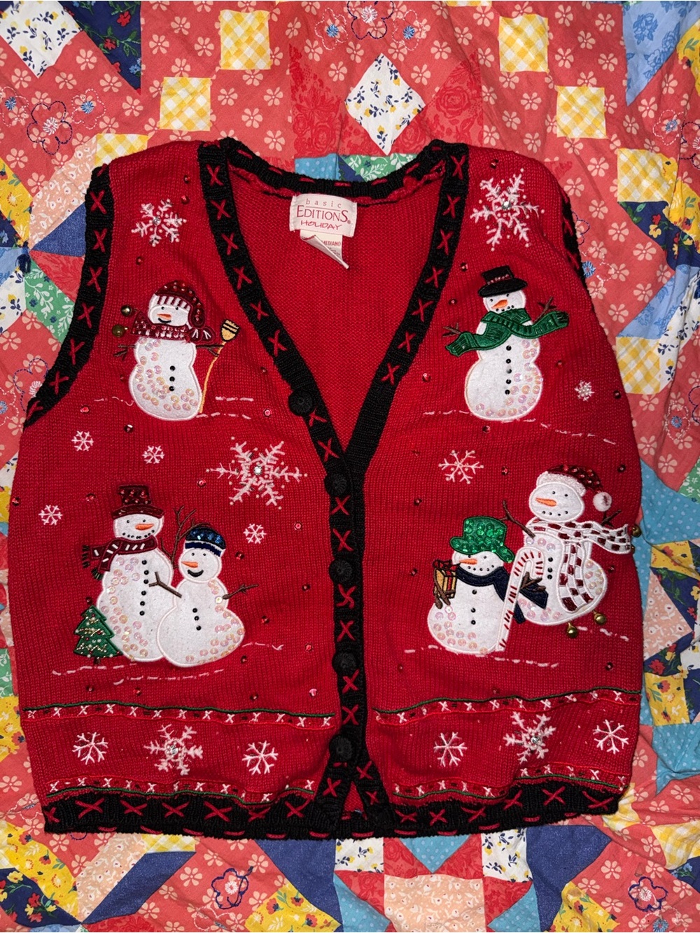 Basic Editions Red Snowman Embroidered Holiday Sweater Vest